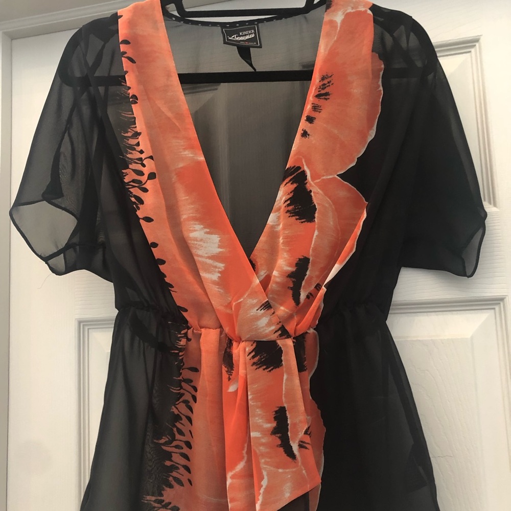 Macy’s medium black and orange sheer faux wrap blouse